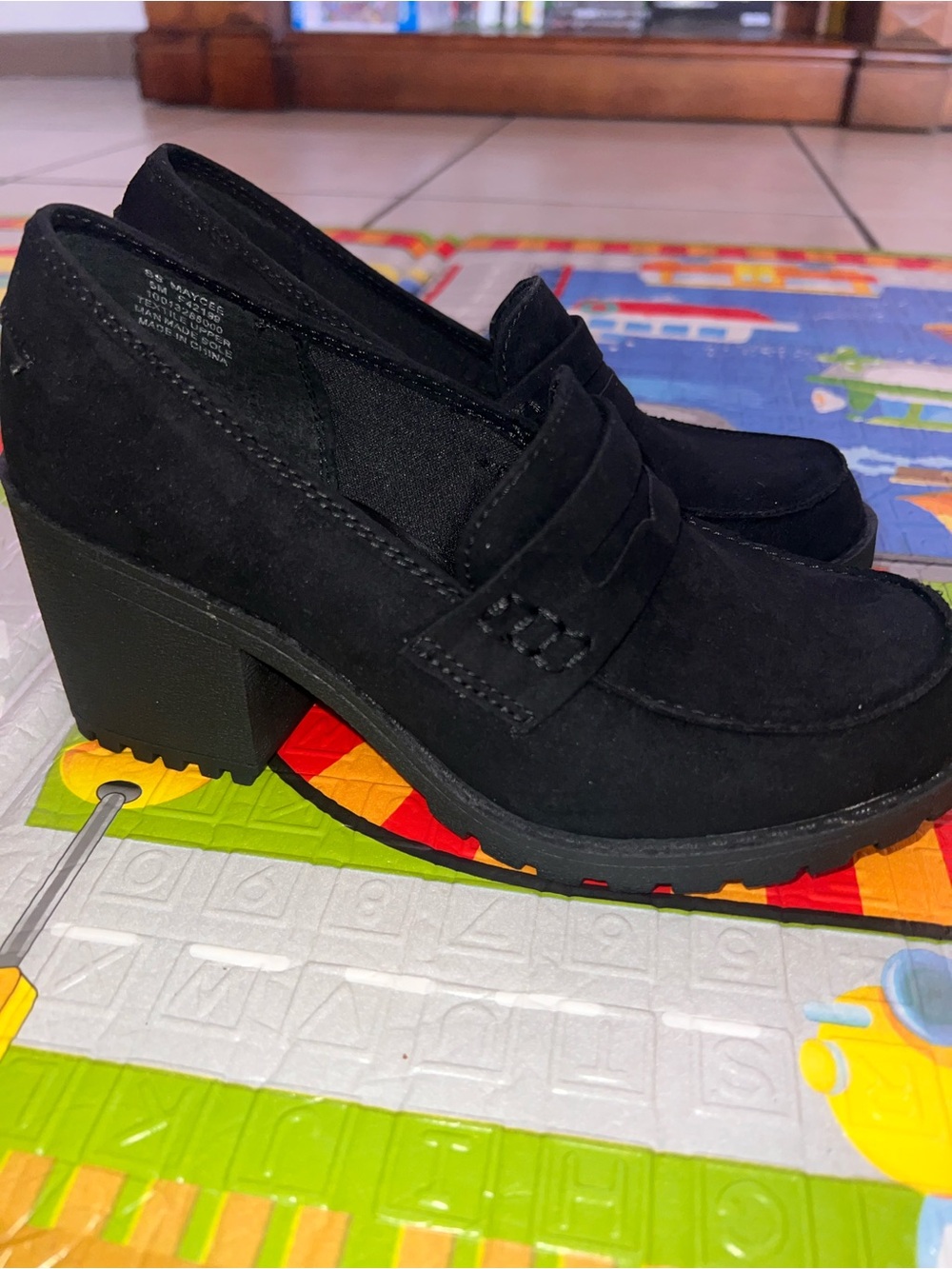 NEW Sun + Stone Black Suede Moccasin Block Heel Loafers